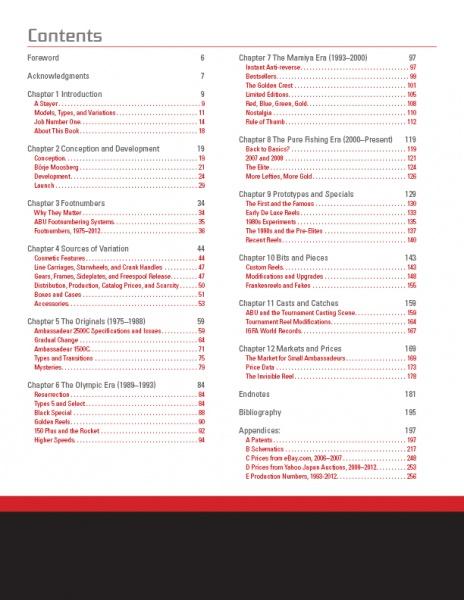 Table of contents from "Small Ambassadeurs" by Schiffer Publishing, Ltd., listing chapters on the Ambassadeur 2500C, fishing reels, prototypes, origins, eras, and appendices, with page numbers shown in two columns.