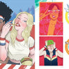 Two women enjoy burgers at a picnic table while, on the right, "Roller Derby / Girl Gang" by Schiffer Publishing, Ltd. showcases vibrant portraits—a woman with sunglasses, someone saluting in a hat, an angelic figure, and a woman in a cat costume.