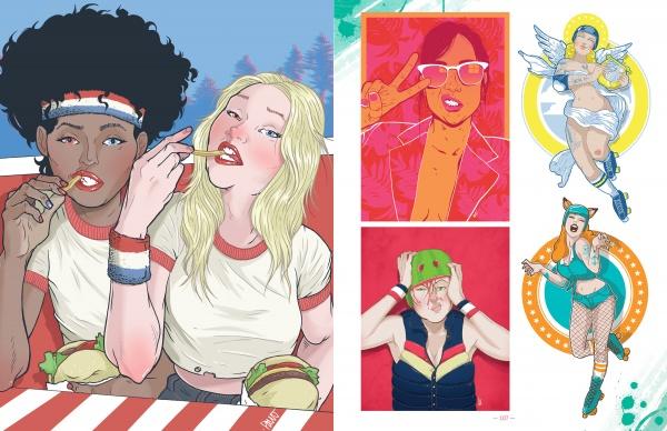 Two women enjoy burgers at a picnic table while, on the right, "Roller Derby / Girl Gang" by Schiffer Publishing, Ltd. showcases vibrant portraits—a woman with sunglasses, someone saluting in a hat, an angelic figure, and a woman in a cat costume.