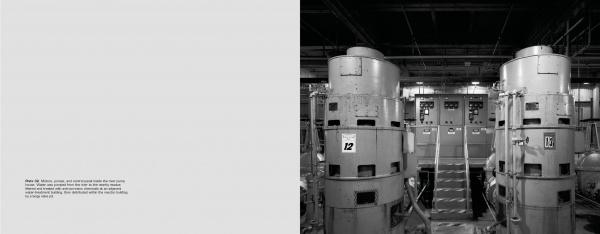 Black-and-white photo from The Neutron's Long Shadow (Schiffer Publishing, Ltd.) shows two large machines labeled "12" and "14," tied to the Manhattan Project, with control panels and pipes inside a spacious factory. Left side features a small text block.