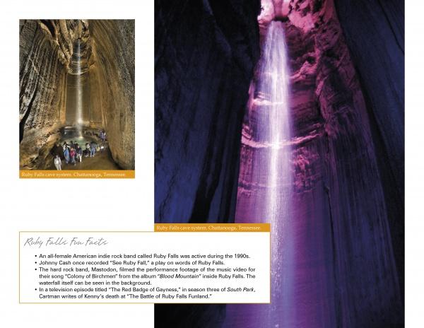 Inside a vast underground cave, a tall waterfall glows with purple and yellow lights. Visitors, using "Traveling in Tennessee" by Schiffer Publishing, Ltd., gaze up in awe at the stunning cascade.