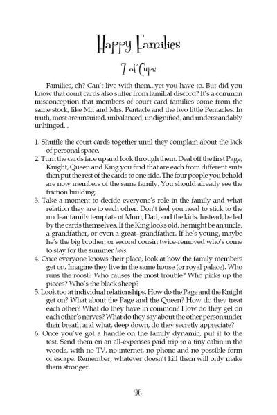 A page from The Tarot Playbook titled "Happy Families: 7 of Cups" explores court card families, with guidance on shuffling, sorting, and analyzing court cards, plus interpretation tips. The page is numbered 96 at the bottom.