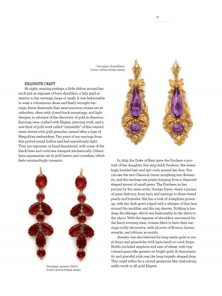 A page from "I Love Those Earrings" by Schiffer Publishing, Ltd. displays ornate pairs—one with large purple stones and gold detail at the top right, another with cascading red gems at the bottom left—showcasing women's jewelry history.