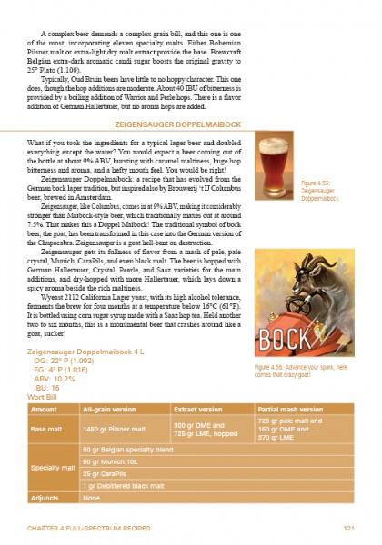 A page from "The Umami Factor" by Schiffer Publishing, Ltd. features info on Doppelbock beer, a photo of dark beer, a goat-themed Bock label, flavor notes, ingredient lists, and recipes for custom brews and fermentation.