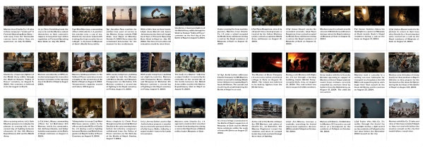 All of Which I Saw" by Schiffer Publishing, Ltd. features a photojournalistic collage of military and wartime scenes with U.S. Marine Corps soldiers, each image paired with a brief caption or description beneath it.
