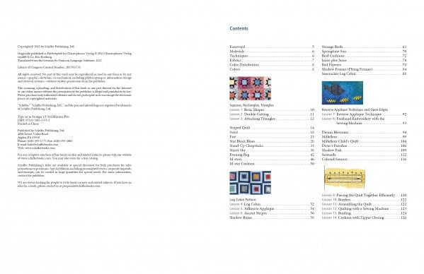 On the left, the copyright page; on the right, a contents page for "Play-of-Color Quilting" by Schiffer Publishing, Ltd., listing chapter titles with page numbers and small geometric quilt thumbnails beside some chapters.