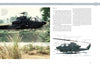 A spread from "The Bell AH-1 Cobra" by Schiffer Publishing, Ltd. features a photo of the helicopter flying low over greenery on the left, and a labeled side diagram with descriptions on the right page.