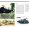 A spread from "The Bell AH-1 Cobra" by Schiffer Publishing, Ltd. features a photo of the helicopter flying low over greenery on the left, and a labeled side diagram with descriptions on the right page.