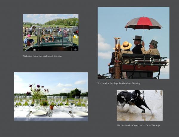 A collage from "Chester County Out & About" by Schiffer Publishing, Ltd.: vintage cars, top hats on a carriage ride, elegant table settings, and horses in motion—striking photos celebrating Chester County’s vibrant history.