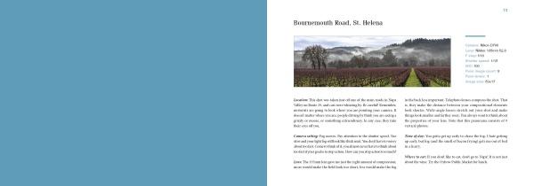 A two-page spread from "How Did You Get That Shot?" by Schiffer Publishing, Ltd. features a blue left page and a right page with text and a photo of grapevines leading to misty hills and mountains in rural America.