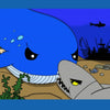 In "Baby Blue Has the Blues" from Schiffer Publishing, Ltd., a cartoon blue whale and gray shark face off angrily on the ocean floor among seaweed and shells—a vibrant scene for early readers learning about accepting differences.