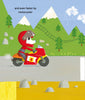 A cartoon dog rides a red motorcycle with a yellow number one in "Faster, Please!" by Schiffer Publishing, Ltd.—a perfect children's vehicle book with vibrant backgrounds of trees, mountains, and a blue sky with clouds.