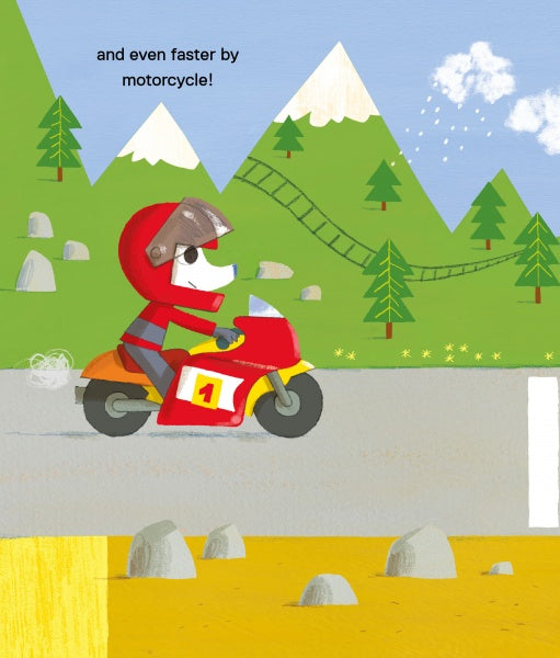 A cartoon dog rides a red motorcycle with a yellow number one in "Faster, Please!" by Schiffer Publishing, Ltd.—a perfect children's vehicle book with vibrant backgrounds of trees, mountains, and a blue sky with clouds.