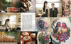 A collage showcases food prep, women in a kitchen, sliced bread, tomatoes, mushrooms, salmon dishes, and vibrant tattoo art—highlighting "Knives and Needles" by Schiffer Publishing, Ltd. Text in a box overlays part of the image.