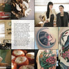 A collage showcases food prep, women in a kitchen, sliced bread, tomatoes, mushrooms, salmon dishes, and vibrant tattoo art—highlighting "Knives and Needles" by Schiffer Publishing, Ltd. Text in a box overlays part of the image.