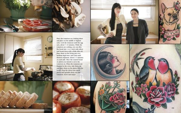 A collage showcases food prep, women in a kitchen, sliced bread, tomatoes, mushrooms, salmon dishes, and vibrant tattoo art—highlighting "Knives and Needles" by Schiffer Publishing, Ltd. Text in a box overlays part of the image.