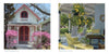 Left: A quaint Oak Bluffs cottage with pink trim and azaleas. Right: A cozy porch with wicker chairs and a yellow swing. "Oak Bluffs on the Vineyard" by Schiffer Publishing, Ltd.—classic Martha's Vineyard charm for your collection.