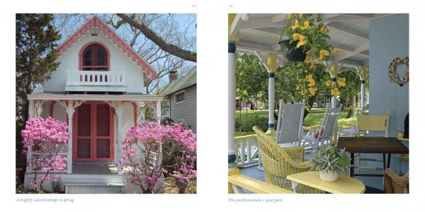 Left: A quaint Oak Bluffs cottage with pink trim and azaleas. Right: A cozy porch with wicker chairs and a yellow swing. "Oak Bluffs on the Vineyard" by Schiffer Publishing, Ltd.—classic Martha's Vineyard charm for your collection.