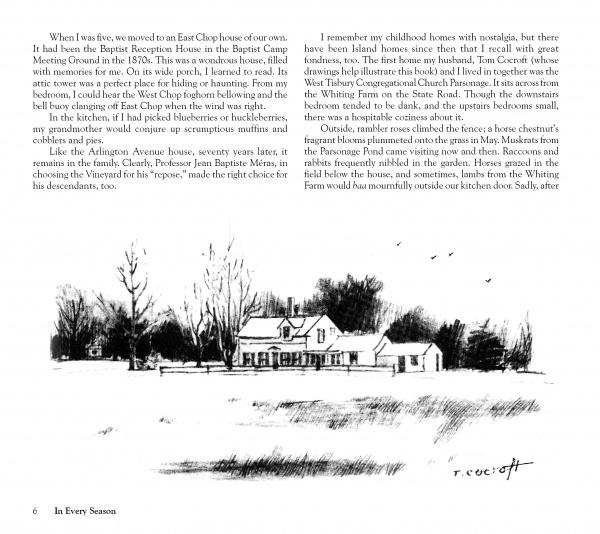 A black-and-white illustration from "In Every Season" by Schiffer Publishing, Ltd. depicts a large house, nearby smaller buildings, open land, and trees—evoking childhood memories and homes in East Chop on Martha’s Vineyard.