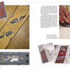 A spread from "The Art of Leather Inlay and Overlay" by Schiffer Publishing, Ltd. features step-by-step photos of leatherworking techniques, including floral and leaf inlays on leather strips and colorful cutout shapes.