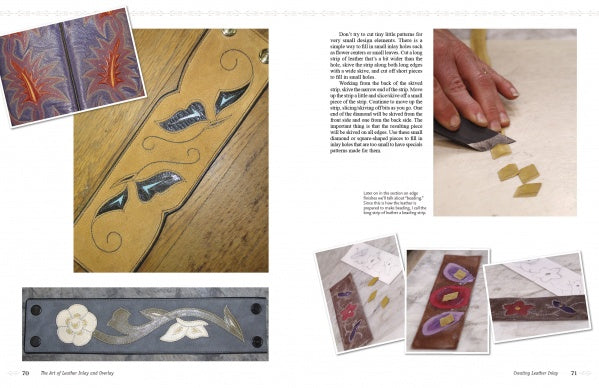 A spread from "The Art of Leather Inlay and Overlay" by Schiffer Publishing, Ltd. features step-by-step photos of leatherworking techniques, including floral and leaf inlays on leather strips and colorful cutout shapes.