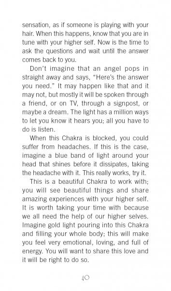 A page from Healing Light and Angel Cards by Schiffer Publishing, Ltd. discusses chakra effects, sensations, headaches, and the positive experiences and love from chakra healing and energy work. Page 40 is shown at the bottom.