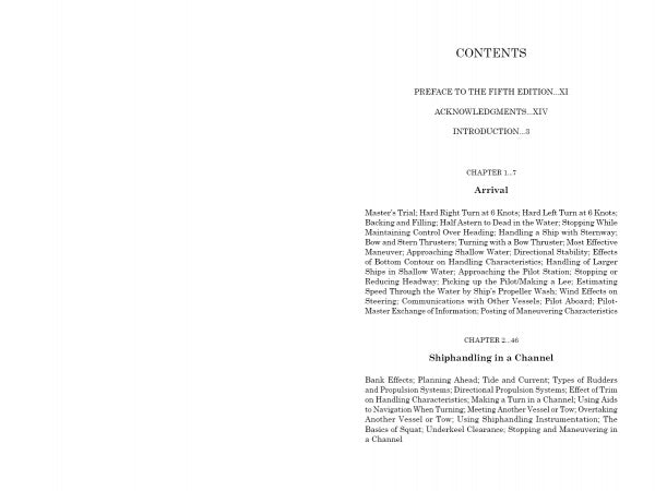 The table of contents for Shiphandling for the Mariner by Schiffer Publishing, Ltd. lists Preface, Acknowledgments, Introduction, and chapters on Arrival and shiphandling in a Channel. Topics for mariners and commercial vessels appear in a clear single-column format.