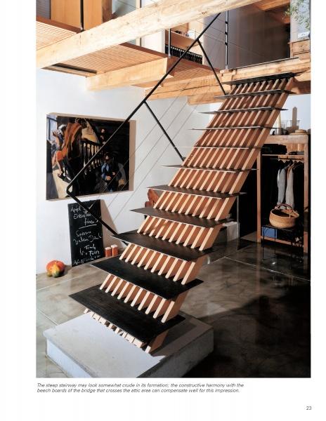 The book "Stairways" by Schiffer Publishing, Ltd. features contemporary designs, including a modern wooden staircase with open risers and metal railings connecting a loft in a minimalist, art-adorned room.