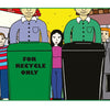 Cartoon from "Ronnie Raven Recycles" by Schiffer Publishing, Ltd. shows people by two bins—green labeled FOR RECYCLE ONLY. Great for kids’ recycling stories; features casually and formally dressed characters, with a woman in pink at the center.