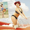 A red-haired woman channels vintage glamour as she poses on a red classic car in a black-and-white polka-dot bikini, capturing the pin-up style featured in "Bombshell" from Schiffer Publishing, Ltd. An inset shows her in a retro swimsuit with a beach ball.