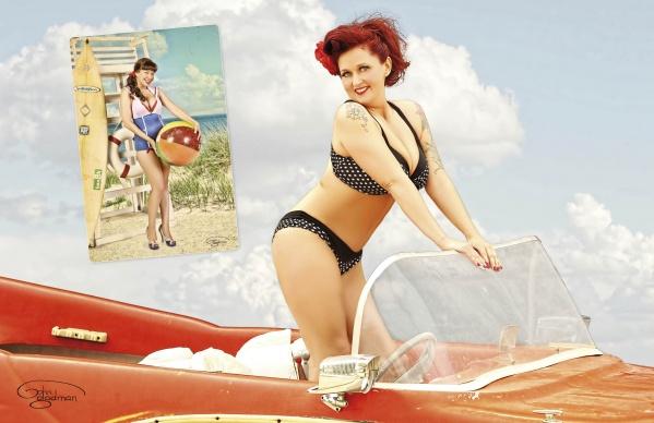 A red-haired woman channels vintage glamour as she poses on a red classic car in a black-and-white polka-dot bikini, capturing the pin-up style featured in "Bombshell" from Schiffer Publishing, Ltd. An inset shows her in a retro swimsuit with a beach ball.