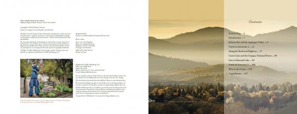 A spread from "Ashland, Oregon, Day Trips" by Schiffer Publishing, Ltd. shows text and a photo of a blue sculpture in a garden on the left, and a sunset over hills on the right, capturing Ashland in this photographic essay.
