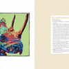 On the left page of *Inspired by Endangered Species* (Schiffer Publishing, Ltd.), a vibrant abstract black rhinoceros head is illustrated, while the right page presents text detailing its habitat, population, and distinct features.