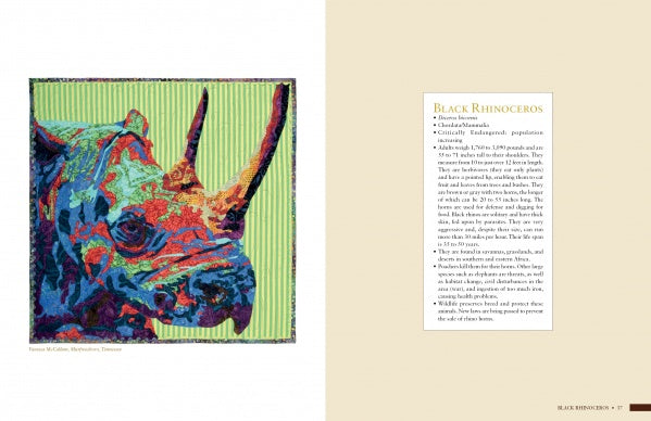 On the left page of *Inspired by Endangered Species* (Schiffer Publishing, Ltd.), a vibrant abstract black rhinoceros head is illustrated, while the right page presents text detailing its habitat, population, and distinct features.