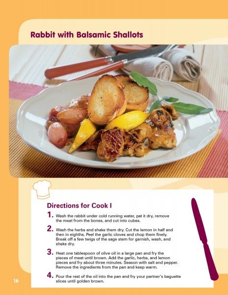 A plate with rabbit, balsamic shallots, lemon wedges, and toasted bread is shown on an interactive recipe page titled "Cooking Together" by Schiffer Publishing, Ltd., with directions and a purple title at the top.