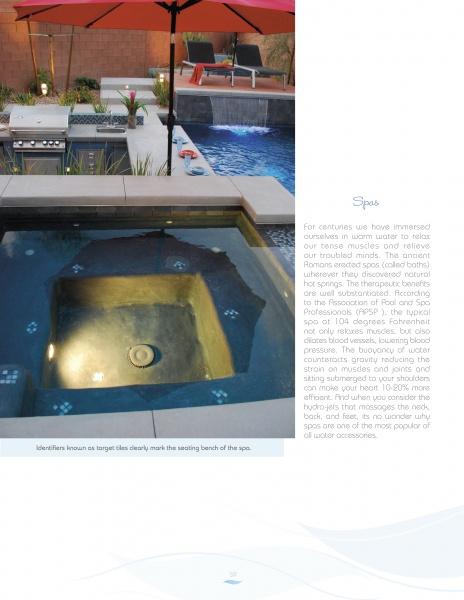 A close-up of a spa hot tub with tiled seating beside a stylish pool area, featured in "Swimming Pool Innovations" by Schiffer Publishing, Ltd.—great inspiration for your next pool or spa project. Text about spas appears on the right.