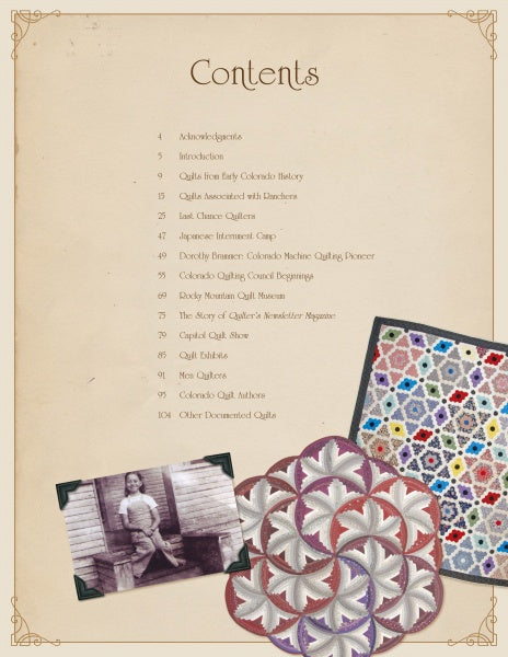 Colorado Quilting by Schiffer Publishing, Ltd. features a beige table of contents page with historical quilting chapters, a vintage black-and-white photo of a woman, and two colorful Rocky Mountain Quilt Museum–inspired pattern images in the bottom right corner.