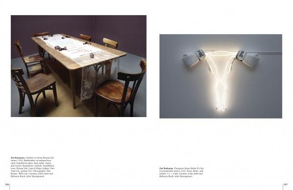 On white pages, a rectangular dining table with mismatched wooden chairs appears on the left; on the right, a neon uterus-shaped wall light—echoing feminist art from "50 Contemporary Women Artists" by Schiffer Publishing, Ltd.—is flanked by two white teacups.