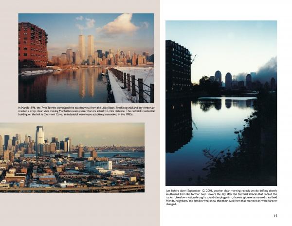 A collage from "Changing Jersey City" by Schiffer Publishing, Ltd. features four photos of New York City: Twin Towers skyline from Journal Square, reflective water, and city buildings at various times, each with a brief caption.