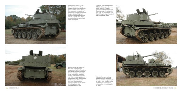 Four photos from "M24 Chaffee, Vol. 2" by Schiffer Publishing, Ltd. show the green, vintage M24 Chaffee light tank with white stars outdoors; the spread’s center features text. This historic tank served in the Korean War.