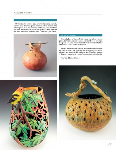 A page features three Creative Embellishments for Gourd Art by Schiffer Publishing, Ltd.: a round gourd with twisted handle and painted design, a carved vessel with a yellow-orange bird, and a latticed bowl with a curved handle.