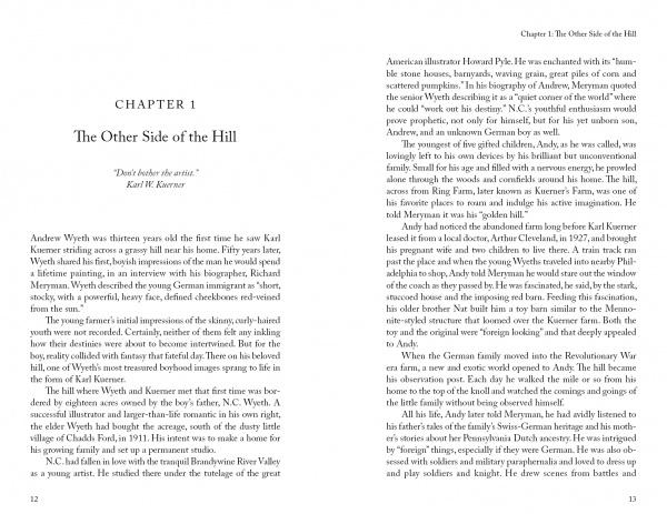 A page from "Frozen Lives" by Schiffer Publishing, Ltd. shows Chapter 1, "The Other Side of the Hill," with a Karl Kuerner quote and an introduction to Andrew Wyeth’s childhood in Brandywine Valley and his early artistic influences.