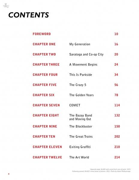 Table of contents page for Blade by Schiffer Publishing, Ltd., featuring 12 chapter titles and page numbers in black and red on white. The bolded "CONTENTS" spotlights graffiti artist BLADE’s story and the New York graffiti scene.