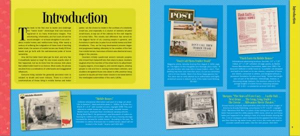 A colorful spread from "Don't Call Them Trailer Trash" by Schiffer Publishing, Ltd. shows an intro to mobile home living on yellow and pink backgrounds (left) and vintage trailer ads/images on blue backgrounds (right).