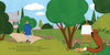In "A Colorful Tail" by Schiffer Publishing, Ltd., a fox stands on its hind legs, gazing at a blank canvas in a Giverny garden as a man in blue walks toward a pink house amid vibrant trees, flowers, and grass in this children's book scene.