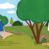 In "A Colorful Tail" by Schiffer Publishing, Ltd., a fox stands on its hind legs, gazing at a blank canvas in a Giverny garden as a man in blue walks toward a pink house amid vibrant trees, flowers, and grass in this children's book scene.