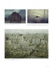 A page from "100 Boston Artists" by Schiffer Publishing, Ltd. features three evocative photos: a city building at dusk, a rain-soaked window with a yellow taxi, and a hazy cityscape—each with captions and print details below.