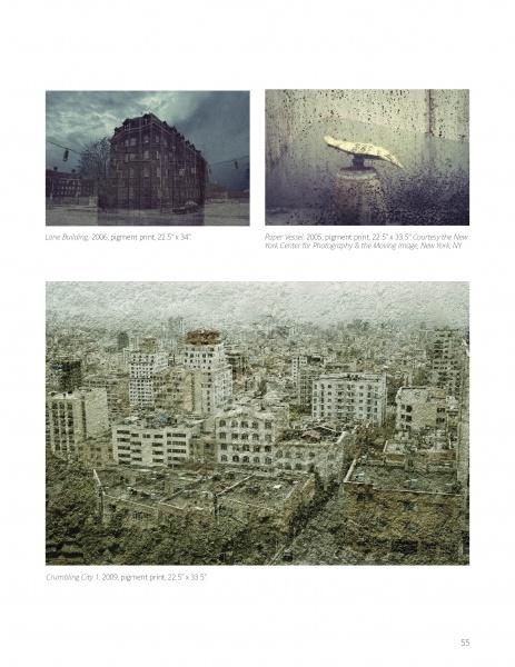 A page from "100 Boston Artists" by Schiffer Publishing, Ltd. features three evocative photos: a city building at dusk, a rain-soaked window with a yellow taxi, and a hazy cityscape—each with captions and print details below.