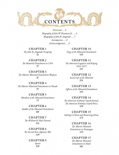 Table of contents page from "China Horse Marine" by Schiffer Publishing, Ltd., listing chapters and page numbers. Gold designs frame "CONTENTS" at the top. Chapters cover the history of the Mounted Detachment and China Marines in Peiping.