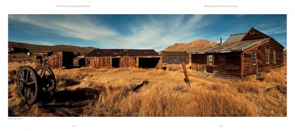 Experience the forgotten beauty of Northern California's back roads with "Back Roads of Northern California" by Schiffer Publishing, Ltd.—featuring vivid scenes of old wooden settlements, rusty machinery, and weathered buildings under open blue skies.